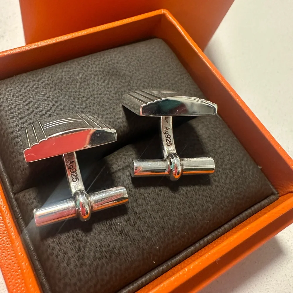 HERMES Silver Padlock H Logo Cuff Links